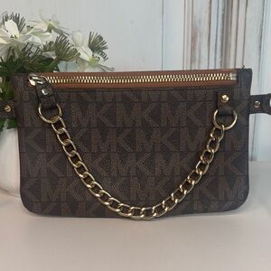 Michael Kors Brown MK Logo Belt Bag Fanny Pack Waist Crossbody w/ Chain Detail